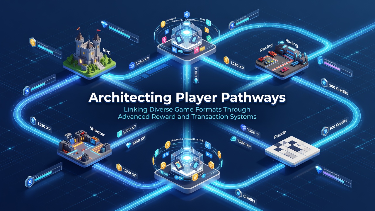 Diagram showing reward and transaction flows connecting slots, sports betting, and live dealer games in a unified player pathway
