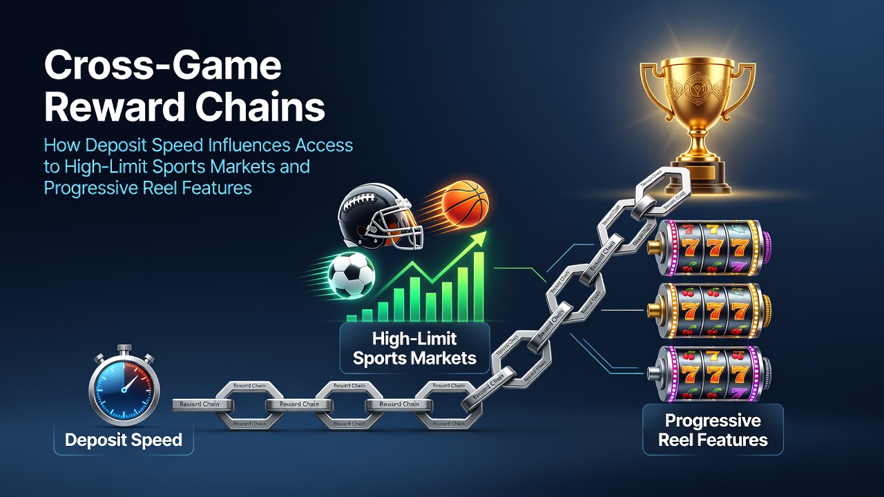 Illustration showing interconnected reward chains between sports betting interfaces and progressive slot machines with deposit flow indicators