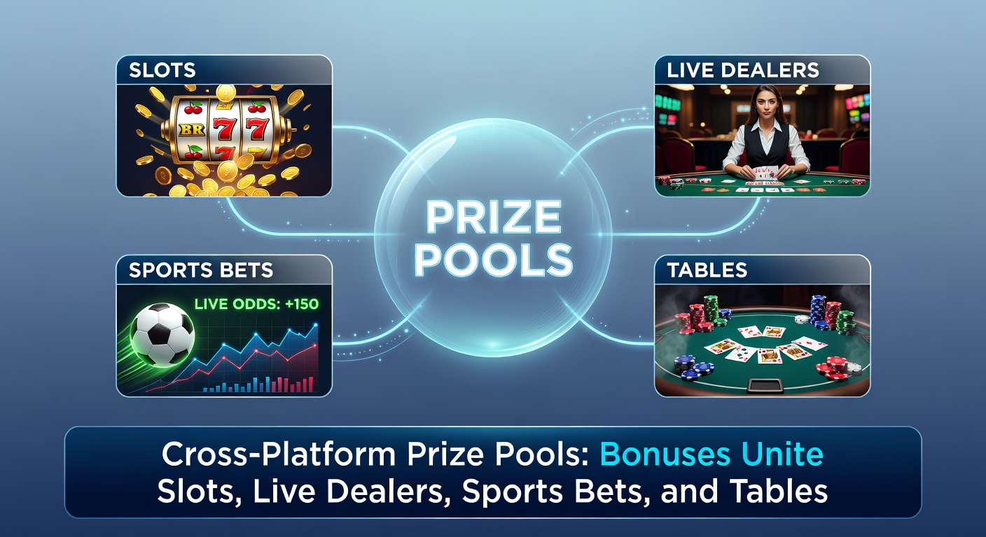 Vibrant digital display showing interconnected gaming icons for slots, live dealers, sports betting, and table games with glowing prize pool overlays