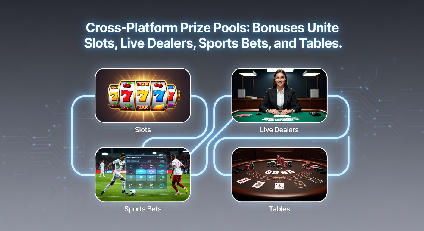 Dynamic screenshot of a unified prize pool dashboard displaying progress from slots jackpots, live roulette tables, sports match odds, and poker hands