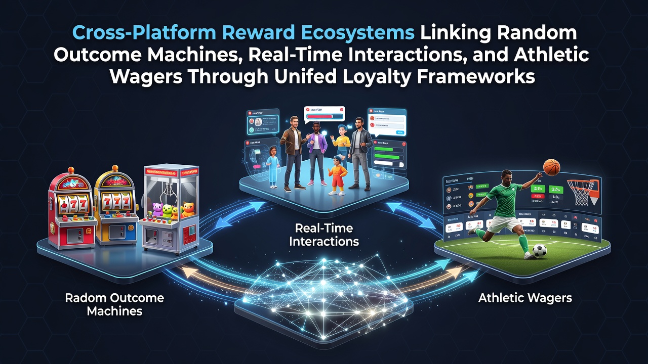 Diagram showing interconnected loyalty points flowing between slot machines, live dealer tables, and sports betting interfaces on multiple devices
