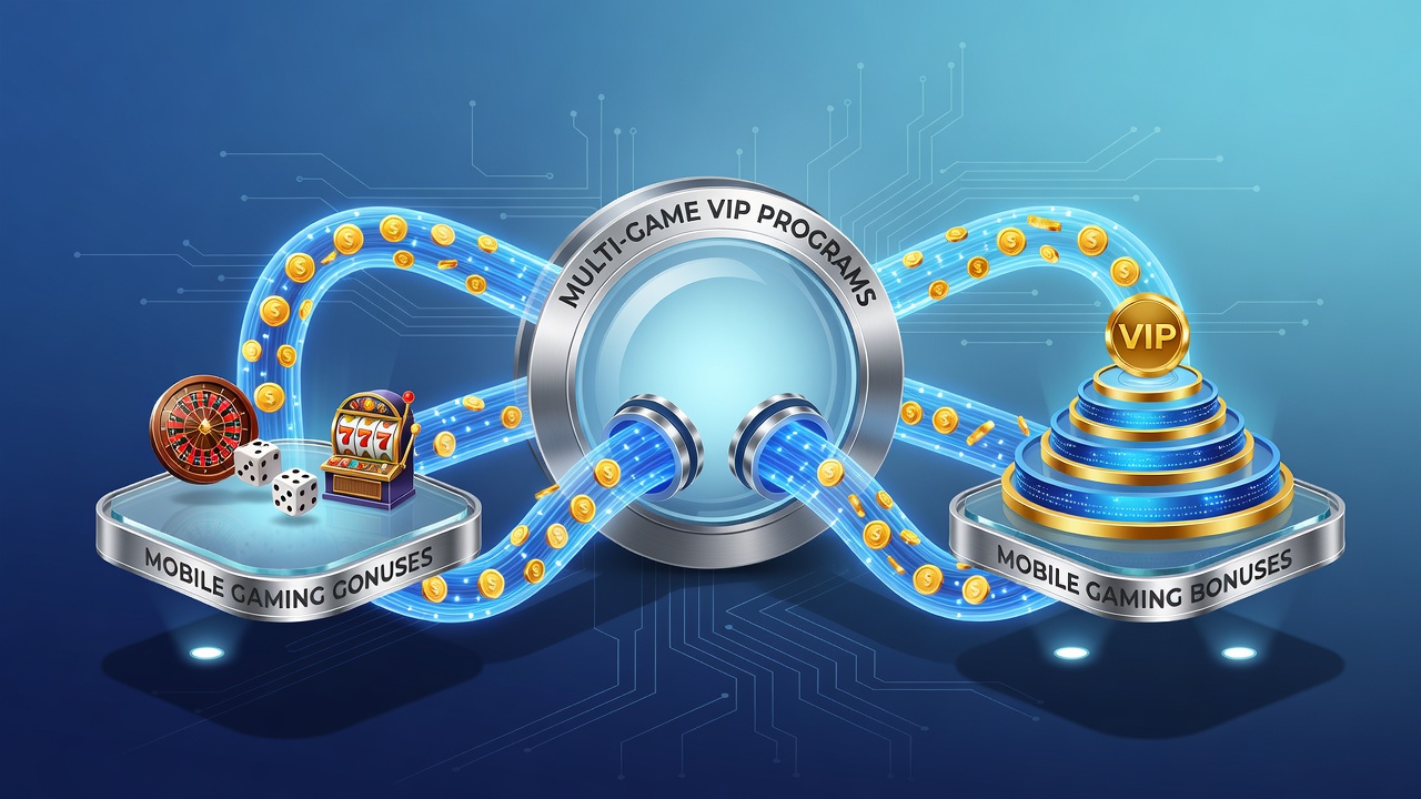 Mobile gaming interface showing bonus notifications and VIP progress tracking across slots and table games