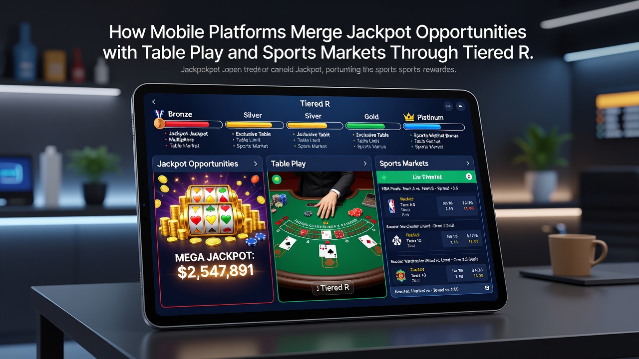 Dashboard view of tiered rewards connecting jackpot slots with table and sports play