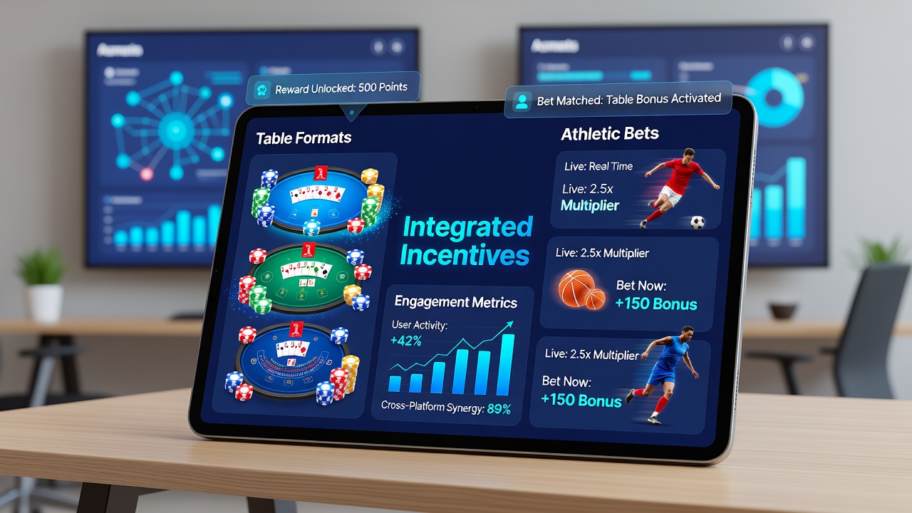 Dashboard view in a gaming app showing merged loyalty points from table formats and sports bets