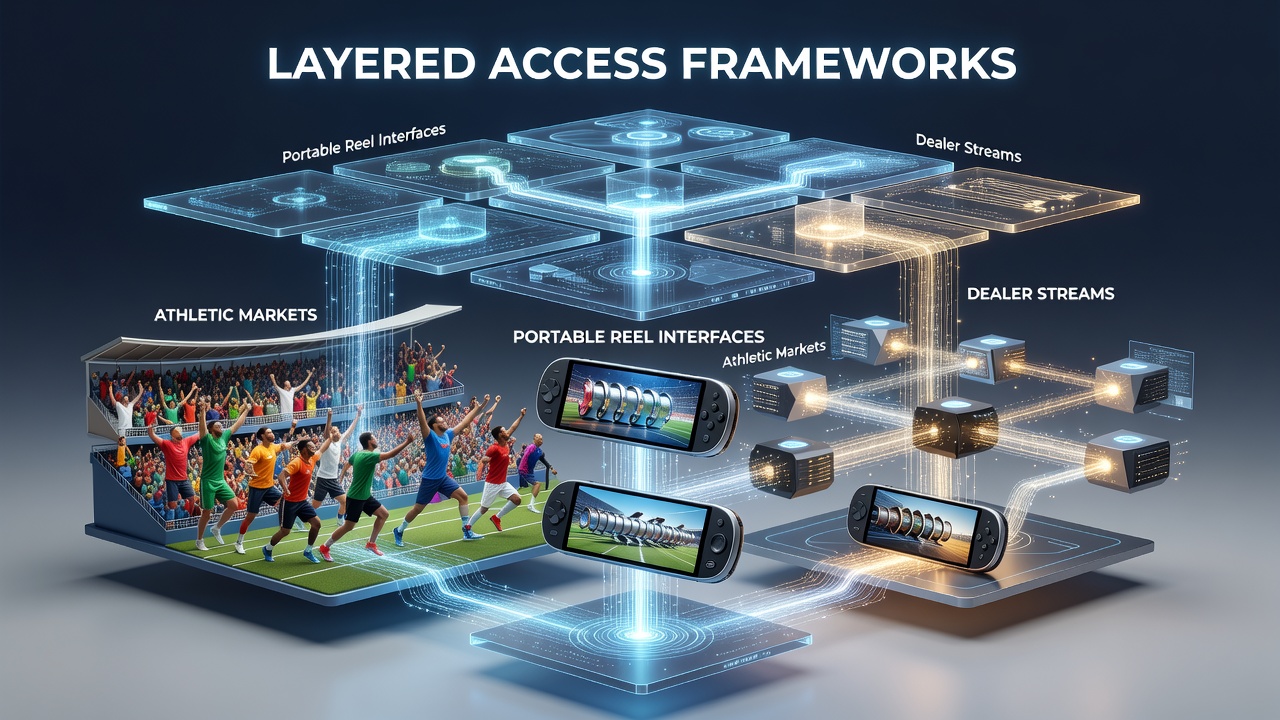 Diagram illustrating layered access frameworks connecting mobile reel interfaces, live dealer streams, and athletic betting markets through secure authentication layers