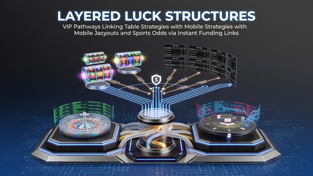 Integrated casino interface showing VIP pathways connecting table games, mobile jackpots, and sports betting with instant funding options