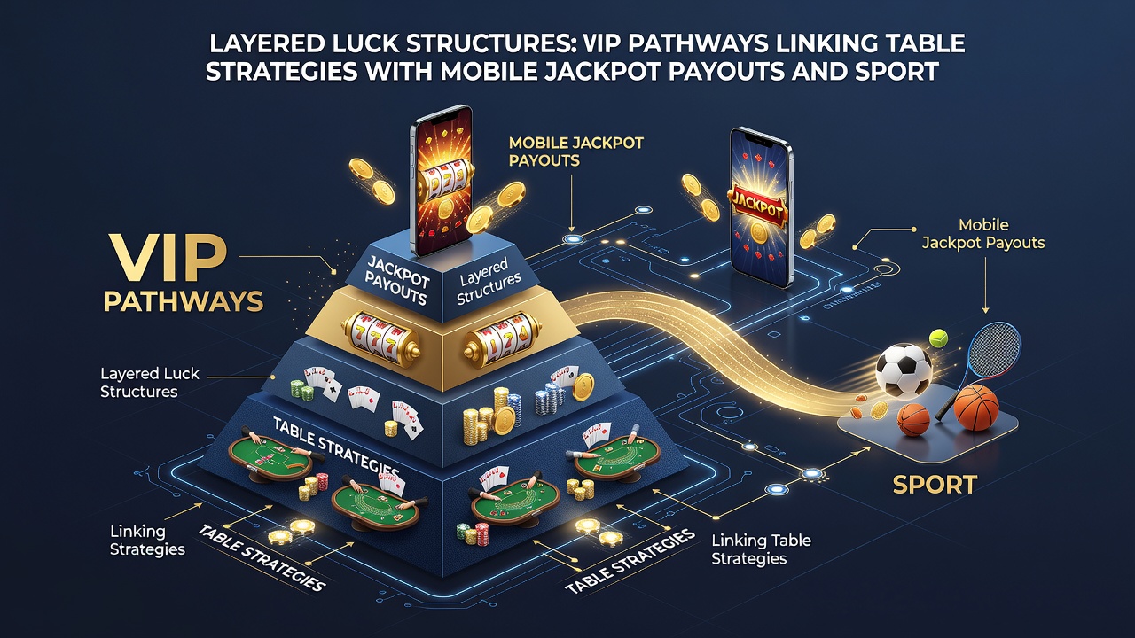 Mobile device displaying interconnected jackpot, table, and sports betting interfaces with real-time VIP status updates