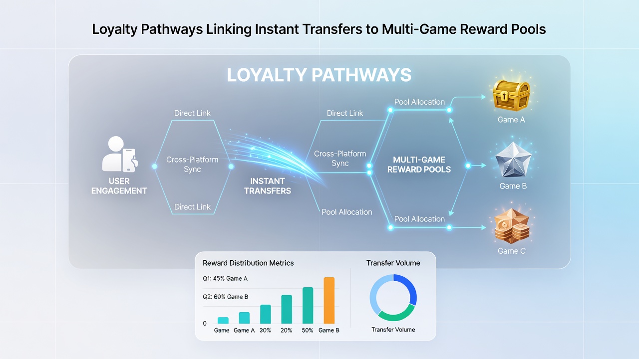 Diagram displaying interconnected gaming apps with loyalty pathways and reward pool distribution across slots, tables, and sports features