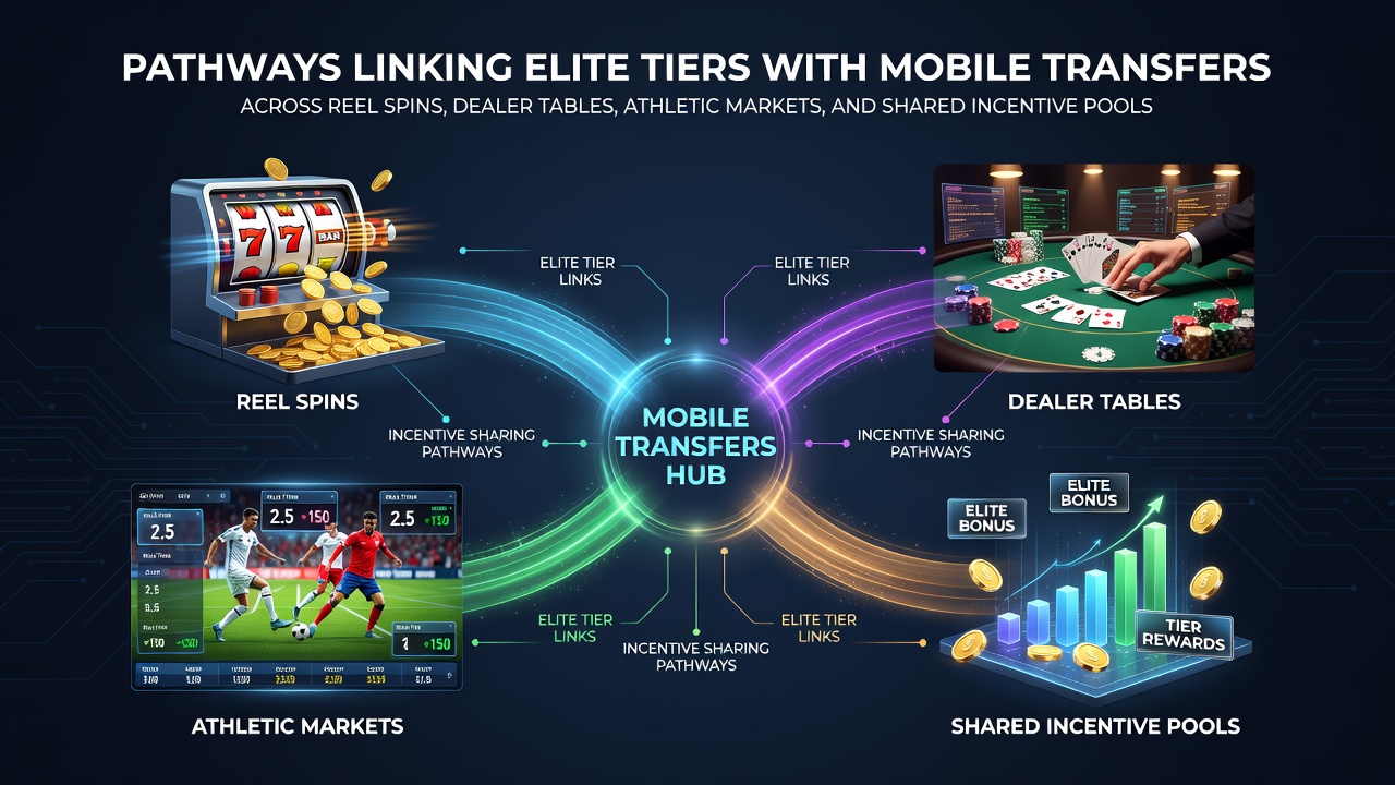 Diagram showing mobile payment flows linking slots, tables, sports betting, and shared reward pools across elite tiers
