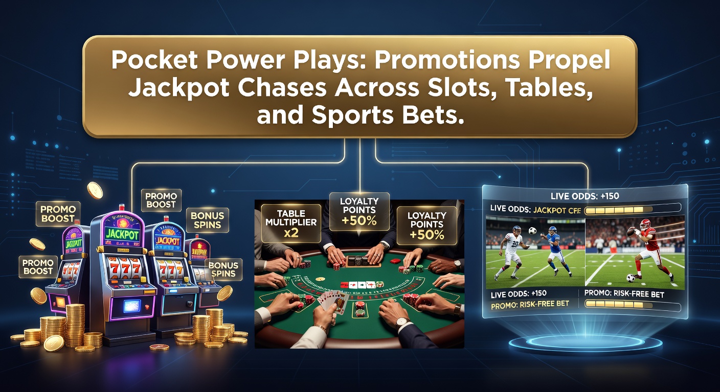 Mobile screen showing interconnected promotions across slots, table games, and sports betting interfaces with jackpot counters ticking upward
