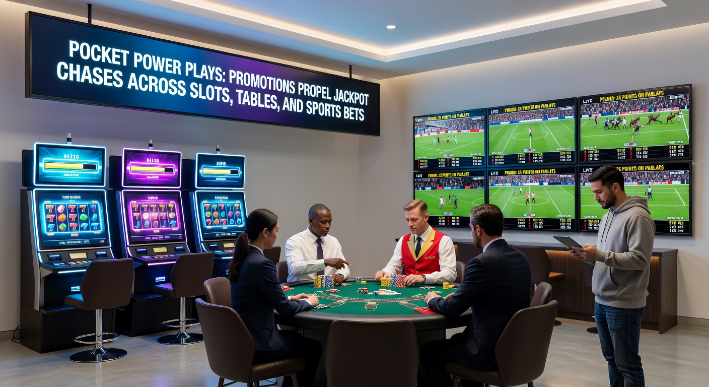 Dynamic graphic of a jackpot meter linking slot spins, roulette wheel, and sports betting slip on a unified mobile dashboard