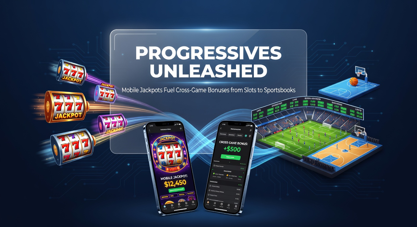 Dynamic graphic of a mobile app interface with progressive jackpot exploding into bonus streams flowing from colorful slot machines to sportsbook betting slips and table game layouts