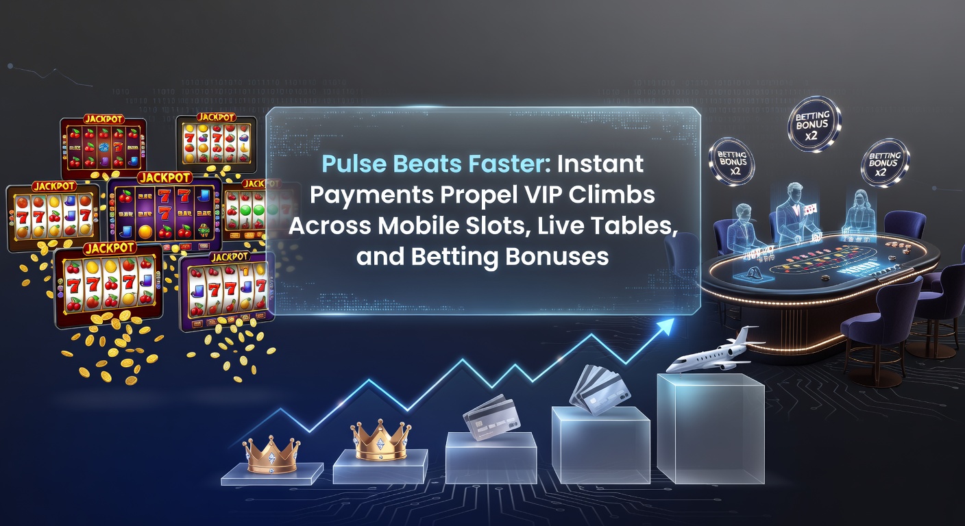 Dynamic graphic showing instant payment icons speeding toward VIP ladder in an online casino interface with slots, tables, and betting slips