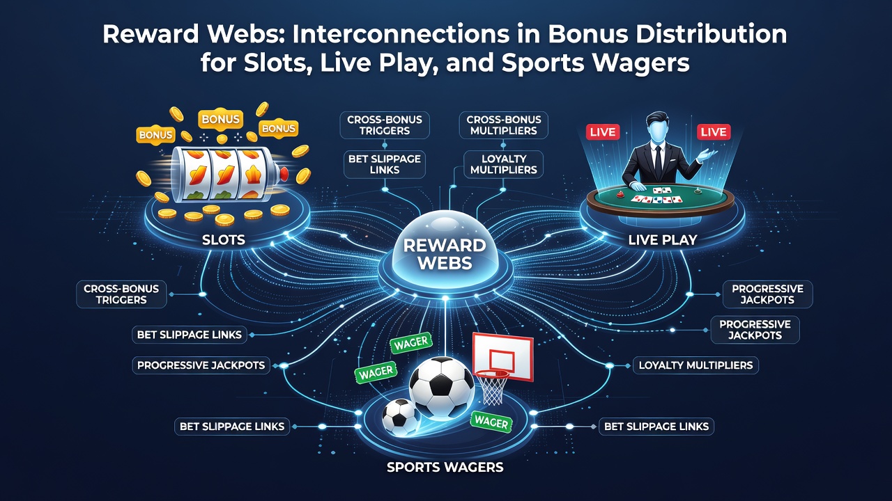 Diagram showing interconnected bonus systems across slots, live dealer tables, and sports betting platforms with arrows indicating reward flows