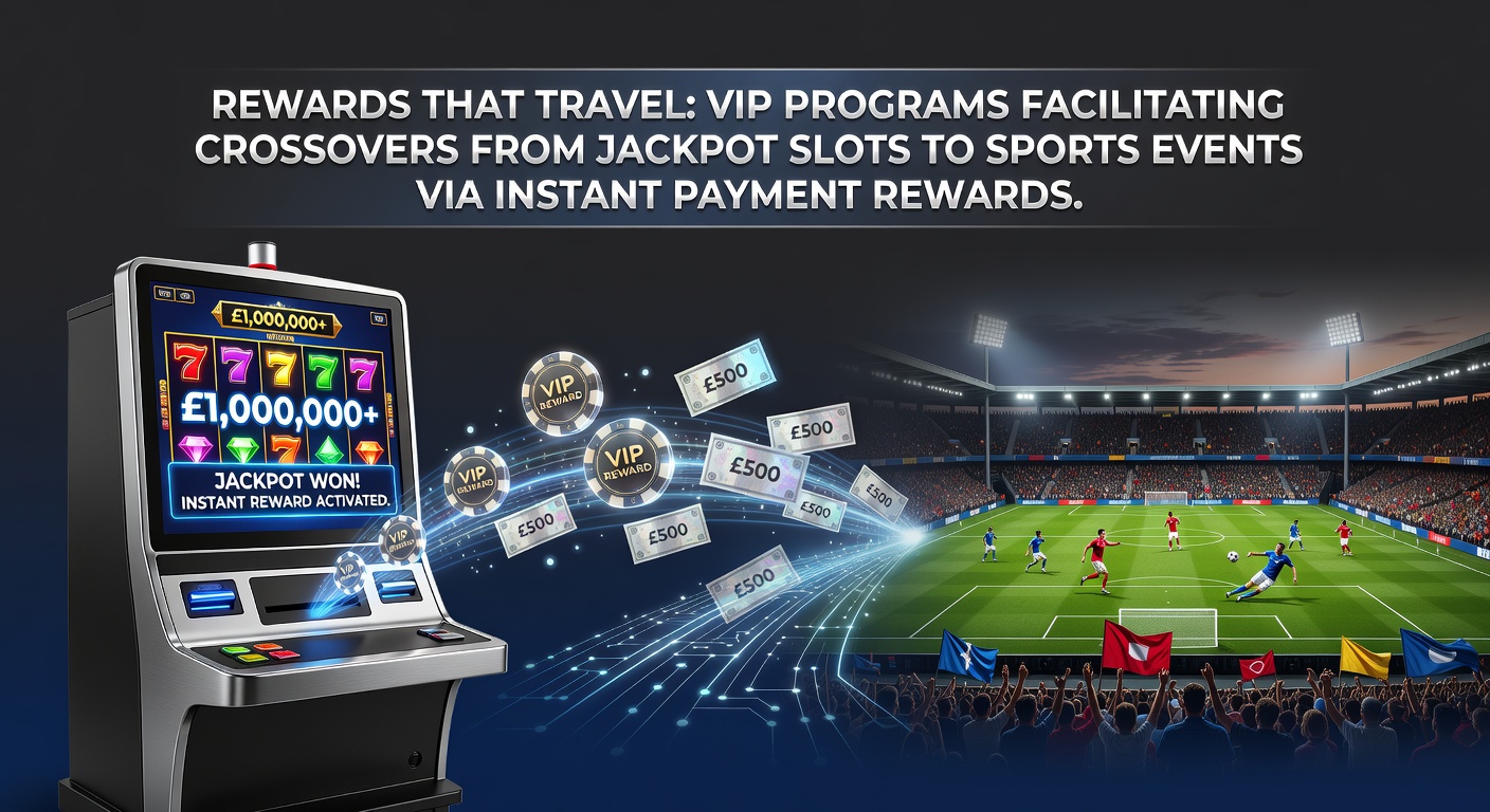 VIP rewards crossover illustration showing jackpot slots transitioning to sports events with instant payment icons