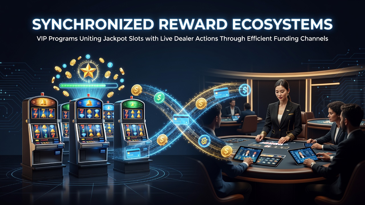 Visual representation of synchronized VIP reward ecosystems connecting jackpot slots with live dealer tables through efficient payment channels