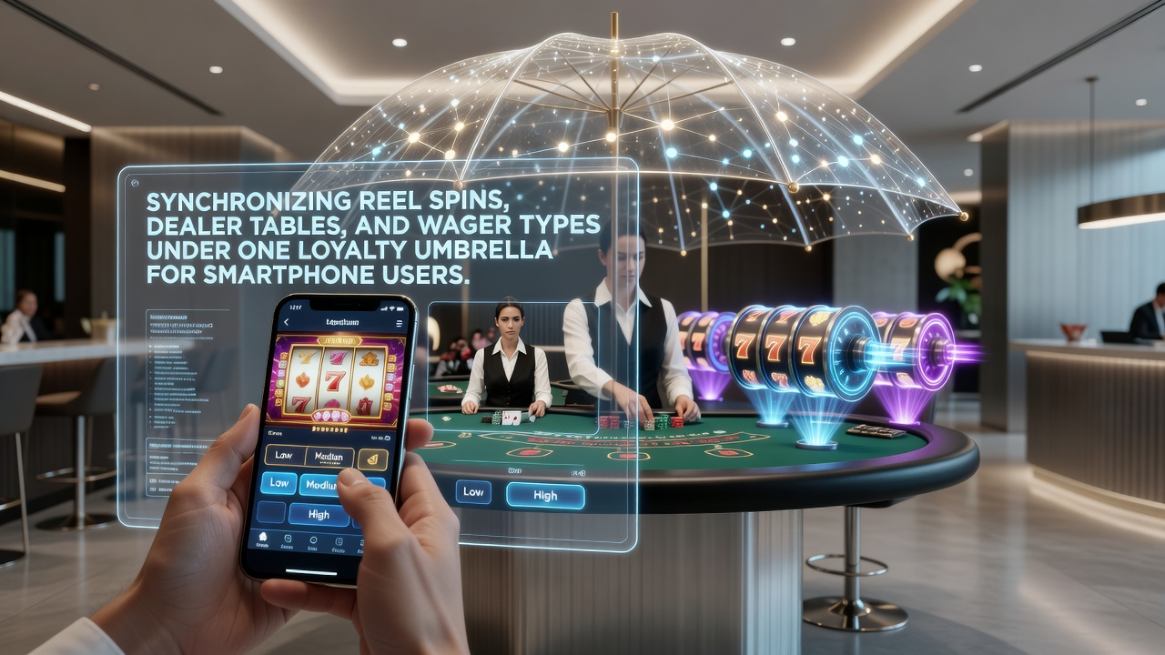 Smartphone screen displaying integrated casino loyalty dashboard with slots, live dealer tables, and sports betting sections