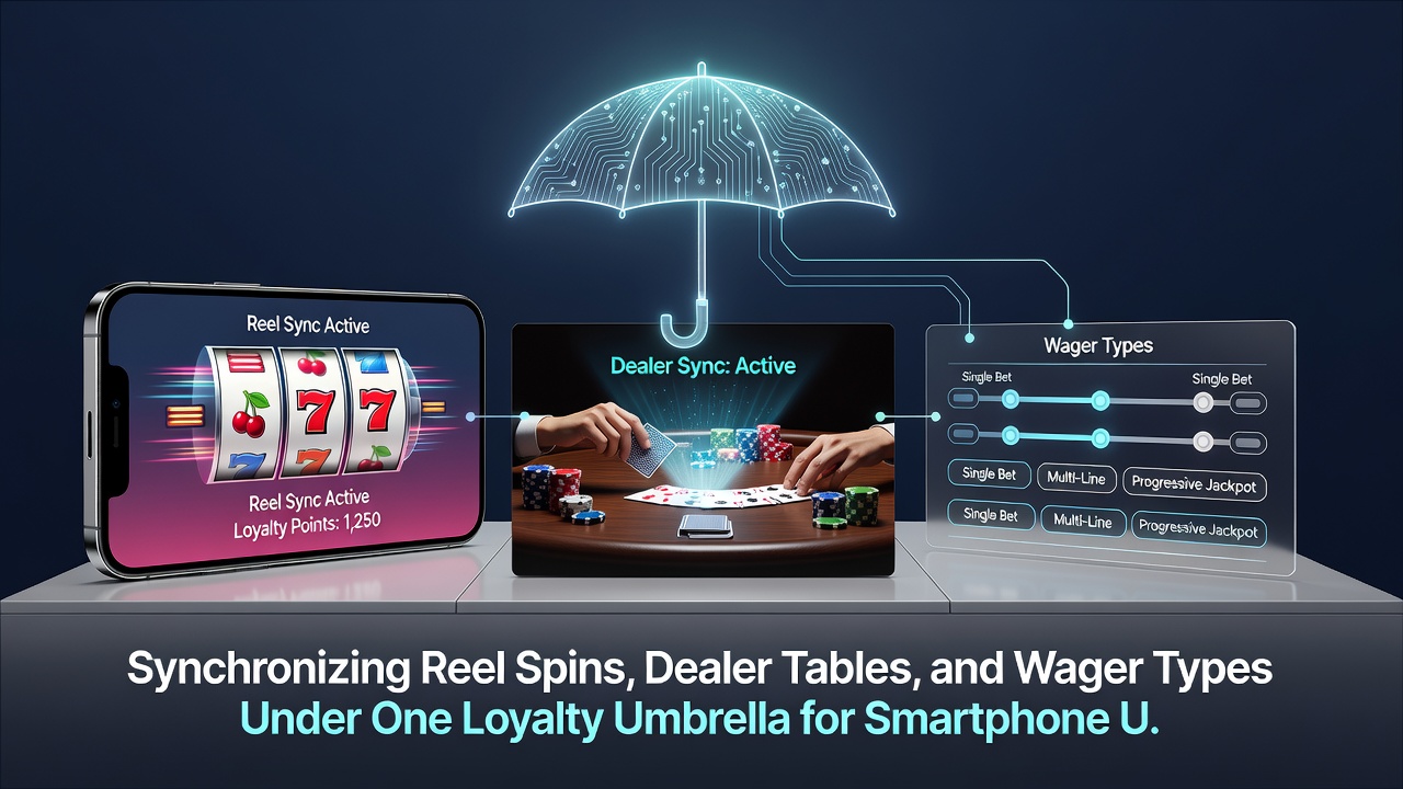 Mobile app interface showing synchronized loyalty points earned from slots, live tables, and sports bets in a single dashboard view