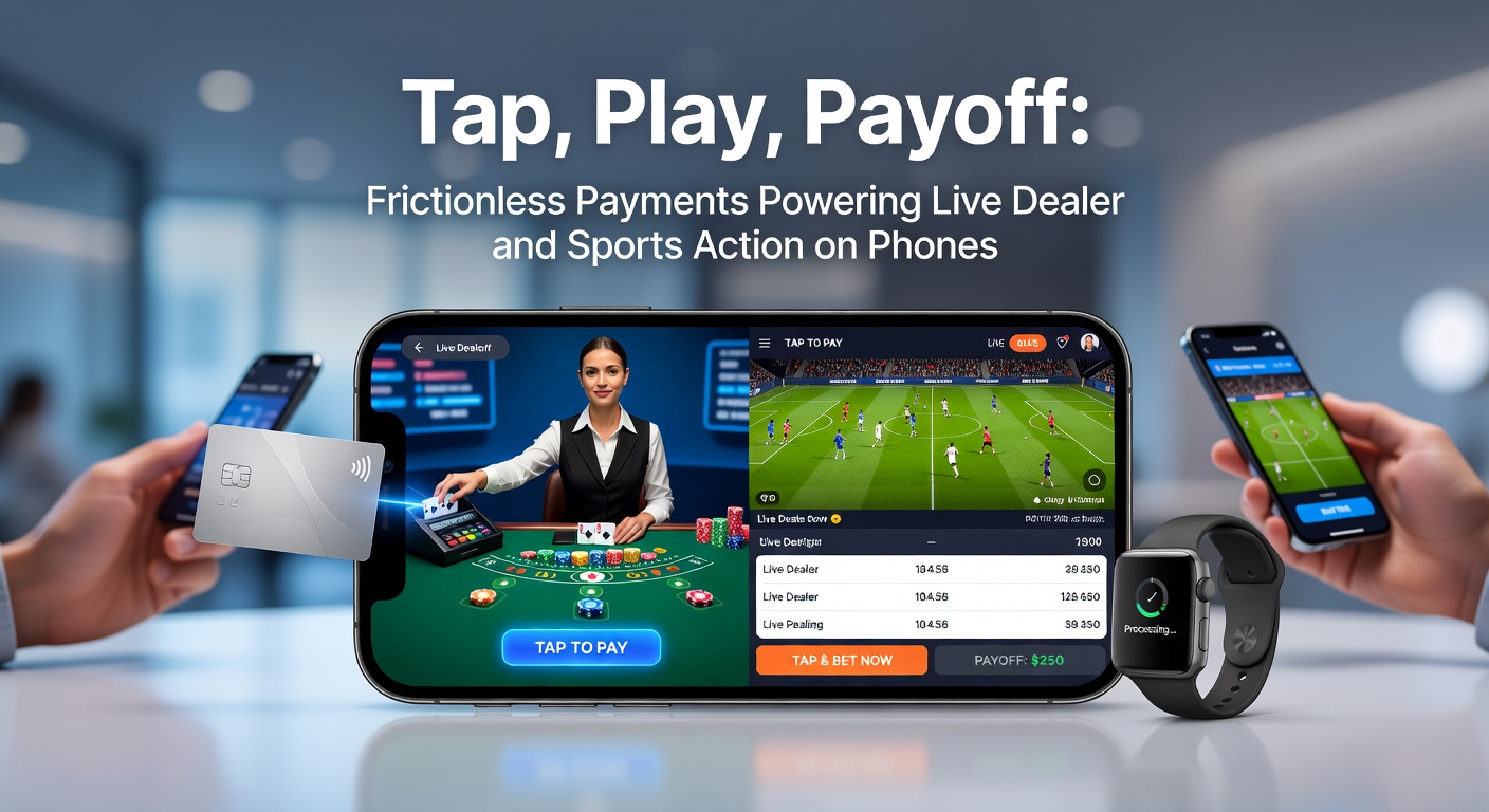 Close-up of a hand tapping a phone to a payment terminal, overlayed with sports betting odds updating in real-time