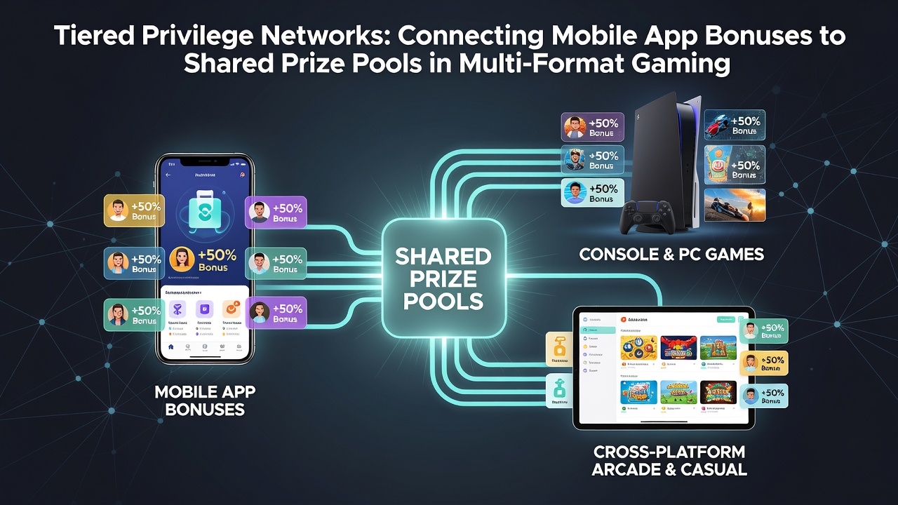 Mobile gaming interface displaying tiered bonus levels connected to shared jackpot indicators across slots, tables and sports sections