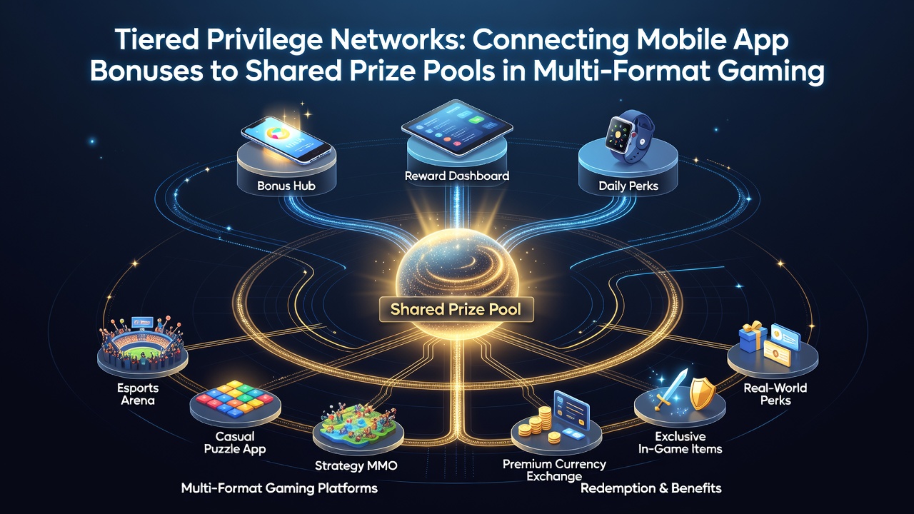 Dashboard view of a tiered privilege network showing bonus flows into a multi-format prize pool