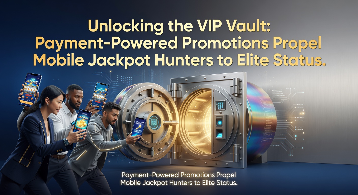 A sleek mobile phone screen displaying a vibrant casino app with jackpot counters ticking up, payment icons flashing green for instant deposits, and a glowing VIP vault door cracking open in the background