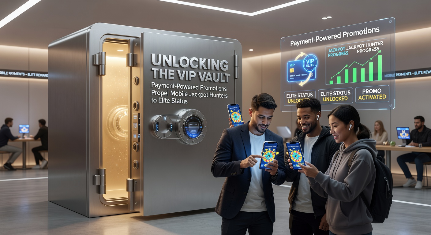 Close-up of a VIP badge shimmering on a casino app dashboard, surrounded by jackpot reels spinning wildly, payment confirmation pop-ups, and tier progression bars filling rapidly toward elite levels