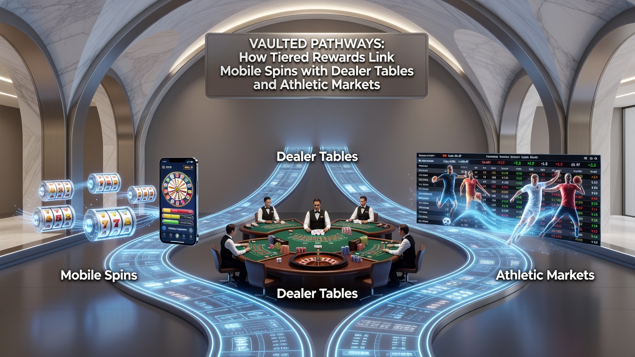 Tiered rewards dashboard showing connections between mobile spins, live dealer tables, and sports betting markets