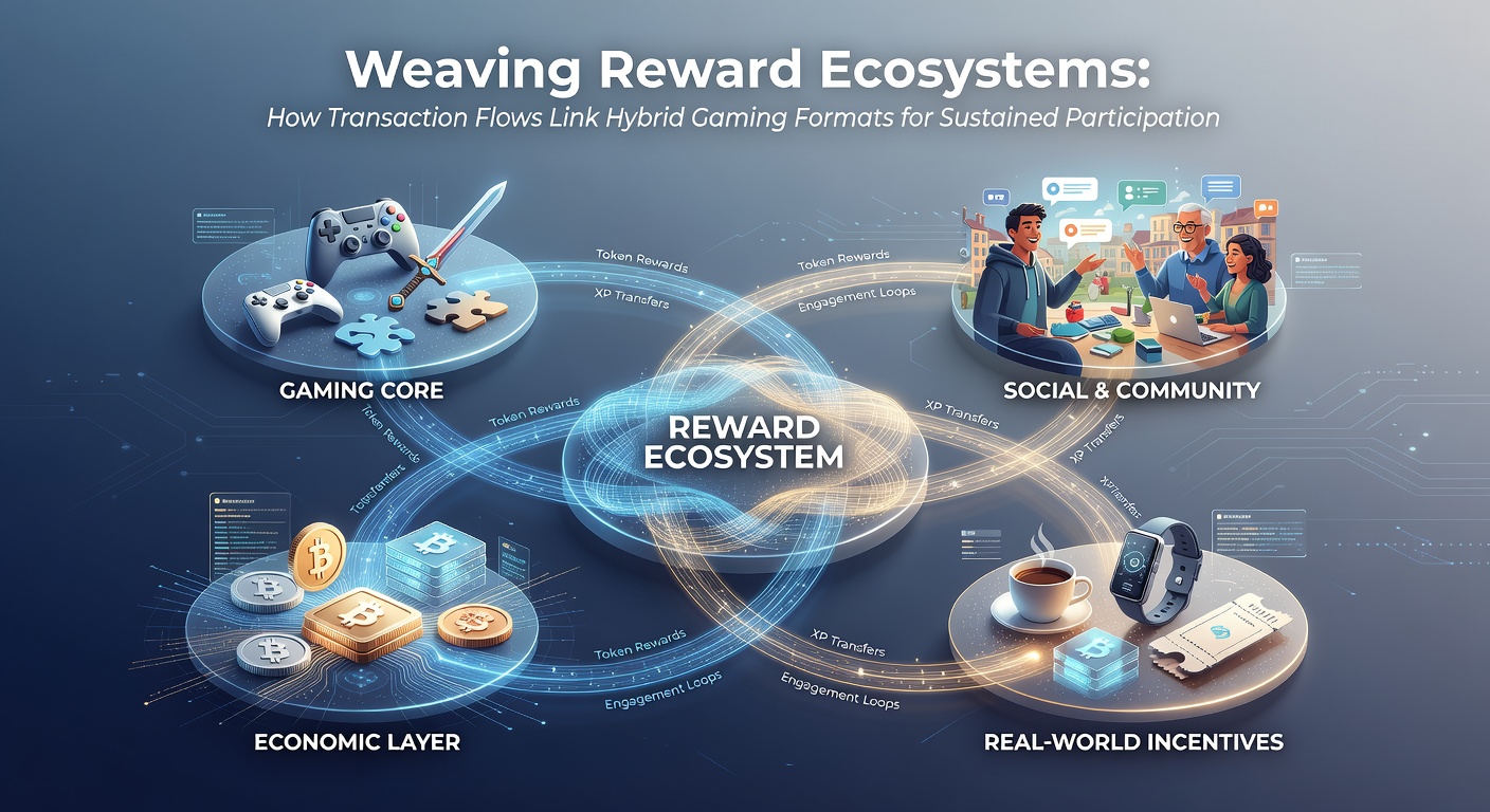 Illustration of interconnected transaction flows across hybrid gaming platforms including slots, tables, and sports betting interfaces