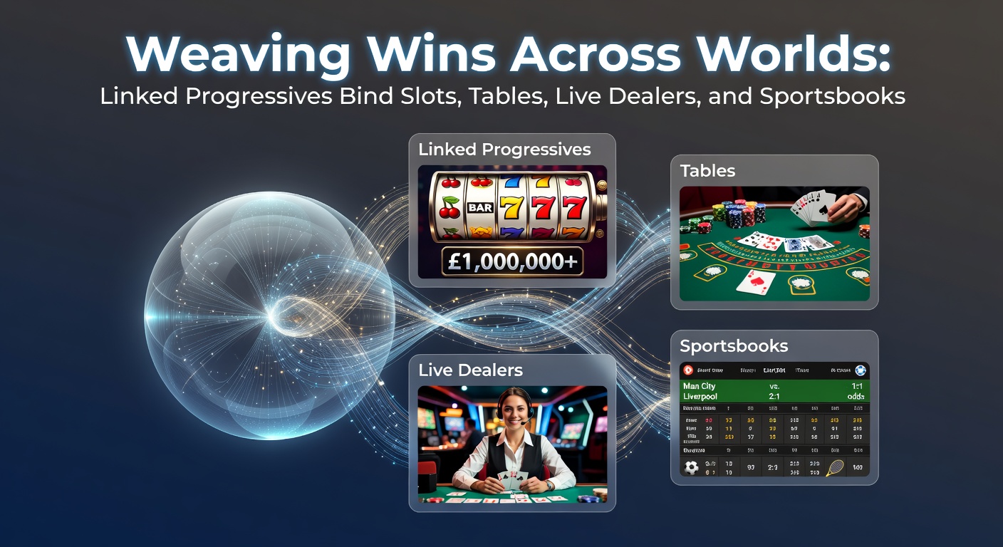 Vibrant digital display showing interconnected progressive jackpot networks across casino games and sports betting interfaces, with glowing links between slot reels, card tables, live dealer streams, and sportsbook odds boards
