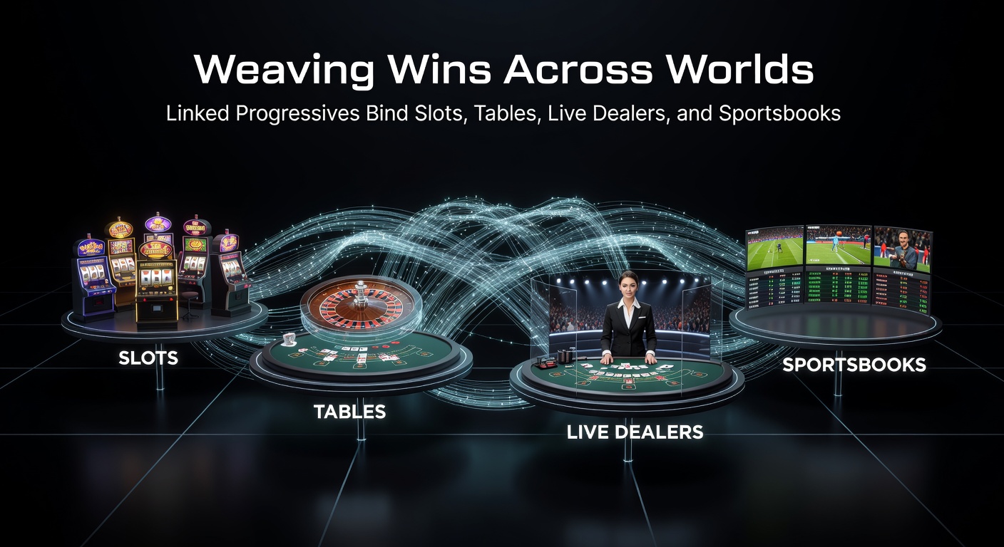 Close-up of a multi-screen casino setup illustrating linked progressive jackpots, with slot machines, live dealer roulette wheel, blackjack table, and sportsbook ticker all connected by digital jackpot meters showing synchronized rising totals