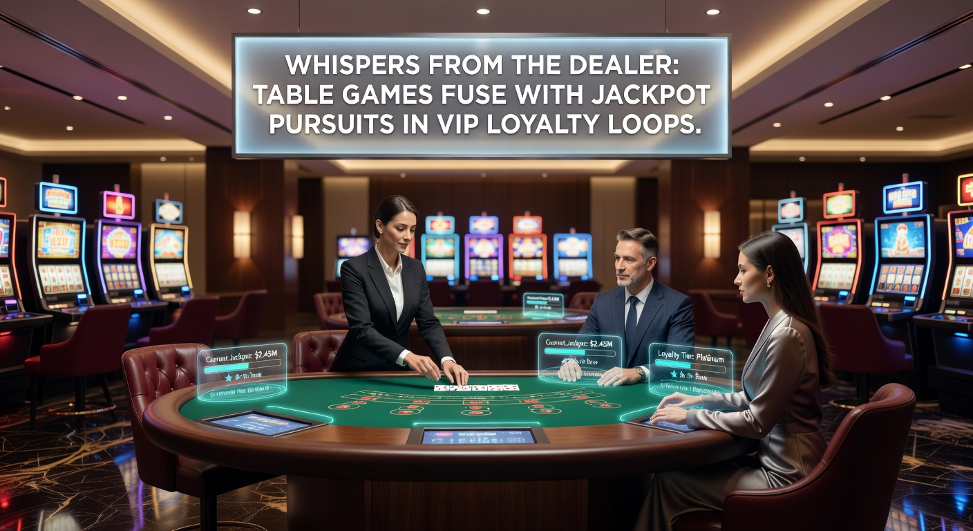 Dealer at a vibrant table game station with glowing jackpot meters and VIP loyalty badges overlayed, capturing the fusion of classic play and high-stakes pursuits