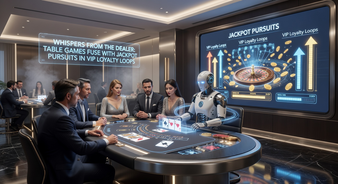 VIP player at a high-limit table with holographic jackpot displays and loyalty app notifications popping up, illustrating the integrated thrill of table games and progressive hunts